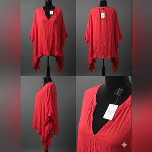 ASHLEY STEWART RED GAUZE PONCHO TOP LONG SLEEVE